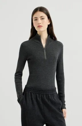 Brunello Cucinelli Virgin wool and cashmere lightweight ribbed turtleneck sweater with precious half zip in Anthracite at Nordstrom, Size Xx-Small