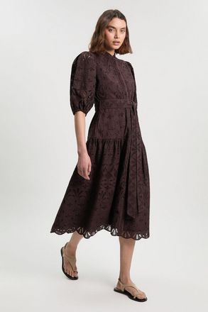 Karen Millen Womens Scalloped Hem Broderie Midi Shirt Dress - Chocolate Cotton - Size 10 UK