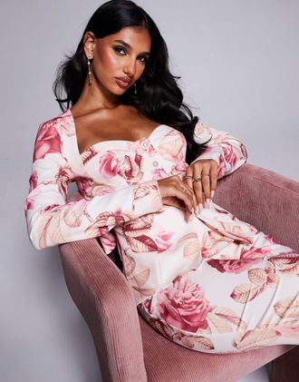 Asos Blazer sartoriale con scollo a cuore, stampa di rose e fiocco sul retro-Multicolore