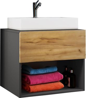 ebuy24 Vcm 2 pz lavabo larghezza lavabo 60 cm arredo bagno set mobile bagno ceramica Lendas ll (antracite / miele rovere)