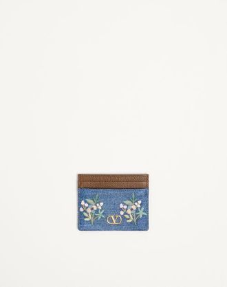 Valentino Garavani Valentino Garavani Vlogo Signature Card Holder In Denim With Floral Embroidery Wo