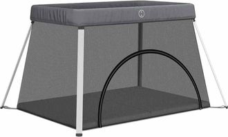 vidaXL Parque Infantil Para Beb&eacute;s Con Colch&oacute;n Tela Lino Gris Oscuro Vidaxl