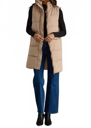 Panache Long Puffer Vest In Tan