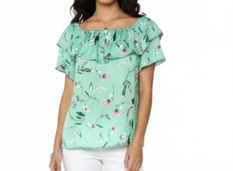endless rose Floral Print Peasant Short Sleeve Blouse In Green