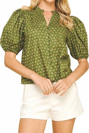Pinch Design Jenna Puff Sleeve Top In Moss & Oyster