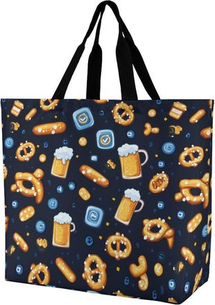 Generic Beers Hot Dogs German Pattern Tote Bag Reusable Grocery Shopping Bags Large Travel One Shoulder Handbag for Picnic Work