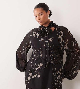 Asos Curve ASOS DESIGN Curve vestito maxi con collo a fiocco e stampa astratta a pois-Multicolore