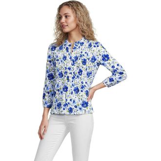 Lands End Lightweight Jersey Button Pintuck Top in Clear Blue Painted Blooms at Nordstrom, Size X-Large P