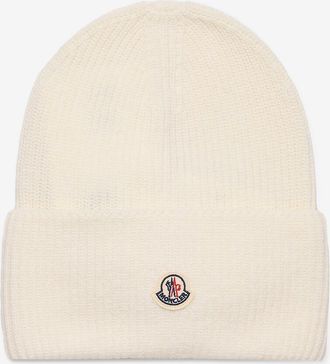 Moncler Rippstrickm&uuml;tze aus Schurwolle mit Umschlag und Logo