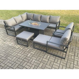 Fimous Fimous Aluminium Patio Outdoor Garden Furniture Corner Sofa Set Gas Fire Pit Dining Table with 2 Chairs 2 Big Footstools Dark Grey
