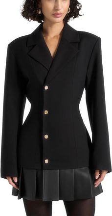 Mani&egrave;re De Voir Nicole Tailored Cinch Blazer Dress with Pleats in Black at Nordstrom, Size 12