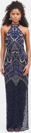Beauut Halterneck Embellished Sequin Beaded Maxi Dress in Mid Night Blue at Nordstrom, Size 10