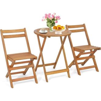Costway Costway Conjunto Mesa Y Sillas Jardin, 2 Sillas Plegables De Madera De Acacia Y 1 Mesa Redonda, Mesa Y Sillas Terraza Patio Balcon Jardin Exterior Int