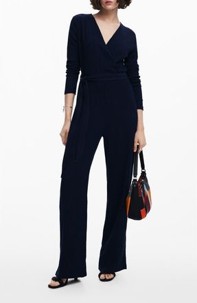 Desigual Leeds Textured Long Sleeve Jumpsuit in Blue at Nordstrom, Size X-Large