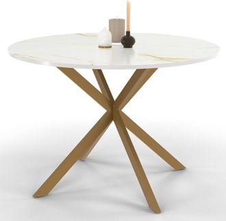 IDMarket Tavolo Da Pranzo Rotondo Per 6 Persone Alix Con Gamba A Ragno In Ottone E Piano Alaska 110 Cm Effetto Marmo Oro