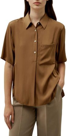 LilySilk Half-Placket Short Sleeve Button Up Shirt in Walnut at Nordstrom, Size X-Large
