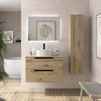 Cygnus Bath Mueble De Ba&ntilde;o Leni 80cm Roble 2 Cajones Lavabo Sobre Encimera 1 Poza Porcelana