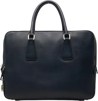 Prada Navy Saffiano Triangle Leather Briefcase (Pre-Owned)