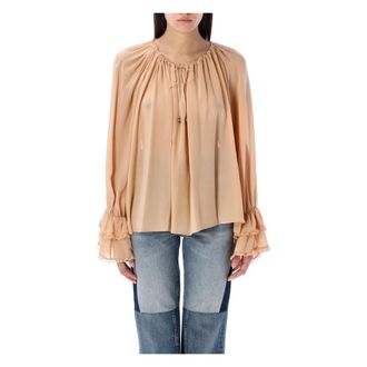 Chloé Overhemden, Dames, Beige, S, Zijden Top met V-Hals en Geplooide Manchetten