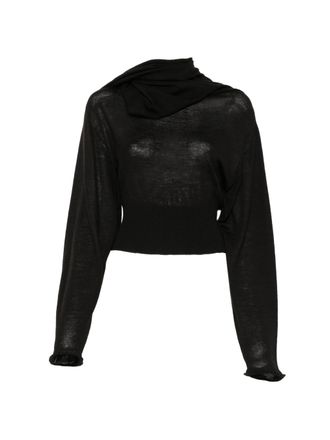 Rick Owens Cropped Black Long-Sleeved Top with Scarf-Inspired Neckline