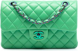 Chanel Green Small Classic Lambskin Rainbow Hardware Double Flap
