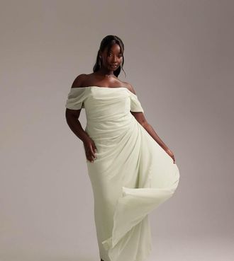 Asos Curve ASOS DESIGN Curve Bridesmaids draped off the shoulder midaxi dress in light green