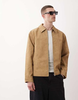 Asos Giacca harrington in camoscio sintetico color pietra scuro-Neutro