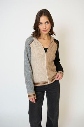 Central Park West Faye Cabled Hoodie W/Whipstitch in Black Brown Multi at Nordstrom, Size X-Small