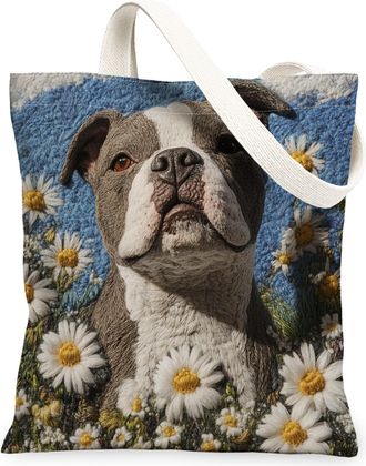 Generic Spring Pitbull Dog Canvas Tote Bag for Shopping 13x15, Knitting Style Garden Puppy Reusable Grocery Print Pattern Bag for Women, Fun Pet Beach Aesthet