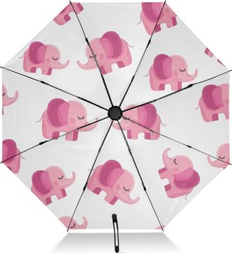 Generic Compact Windproof Umbrella Travel Black Sun Reflecting Umbrellas Spf 50 Automatic Folding Umbrella for Adults Men Women Cute Cartoon Pink Elephants Wh