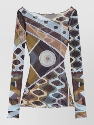 Pucci tulle boatneck top long sleeves print