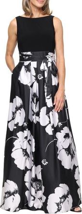 S.L. Fashions Mixed Media Floral Sleeveless Gown in Black Ivory at Nordstrom, Size 18