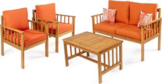 Jonathan Y Designs Everly 4-Piece Modern Cottage Acacia Wood Outdoor Patio Set with Cushions and Tropical Decorative Pillows, Gray/Teak Brown