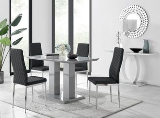 Furniturebox Imperia Grey High Gloss 4 Seater Dining Table with Structural 2 Plinth Column Legs 4 Soft Faux Leather Silver Leg Milan Chairs in Black