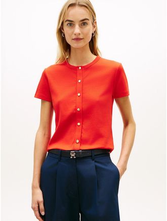Tommy Hilfiger Womens Slim Fit Button-Up T-Shirt - Orange - XL