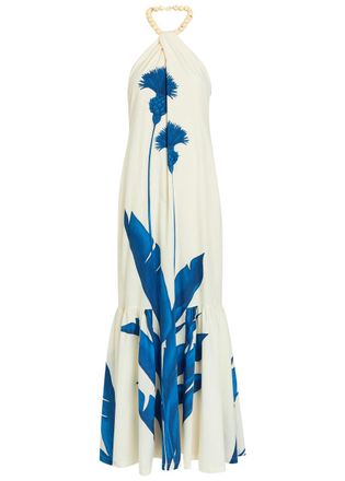 Andres Otalora Vivar Contigo Floral-print Halterneck Cotton Midi Dress - White And Blue - 0 (UK4 / Xxs)