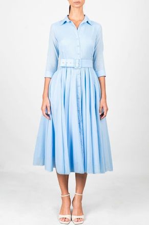 Samantha Sung Blue Belted Midi Shirtdress in Solid Soft Blue at Nordstrom, Size 10