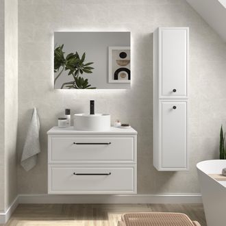 Cygnus Bath Mueble De Ba&ntilde;o Runa 80cm Blanco Mate 2 Cajones Lavabo Sobre Encimera 1 Poza Porcelana
