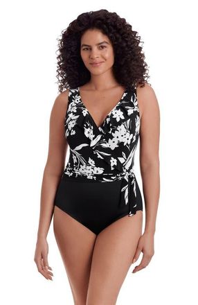 Longitude Ruffle Front Sash Surplice Long Torso One-Piece Swimsuit in Vineyard Vacay at Nordstrom, Size 10