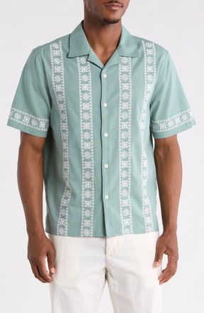 Wax London Didcot Embroidered Cotton & Linen Camp Shirt in Sea Green /Ecru at Nordstrom, Size Xx-Large