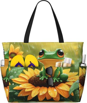 Generic Cute Frog Print Large Beach Bag Foldable Travel Shoulder Tote Bag With Pocket For Weekender Pool Vacation