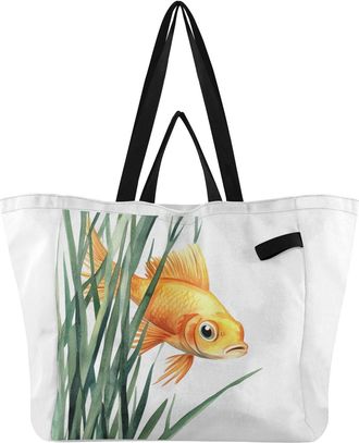 Generic Goldfish Grass White pattern Reusable Canvas Tote Bag, Heavy Duty Grocery Shopping Bag with Large Capacity Double Handles Hard Bottom Work Groceries T