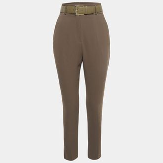 Elisabetta Franchi Olive Green Crepe Belted Slim Fit Trousers