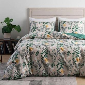 OEM Copripiumino 240x260 Cm, Beige, Verde, Con Motivo A Foglie, Floreale Botanico, In Microfibra, Con Cerniera - Set Di Biancheria Da Letto Reversibile Pe
