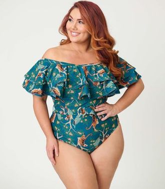 Unique Vintage Off Shoulder Nantucket Swimsuit in Teal Tiger Print at Nordstrom, Size 1X