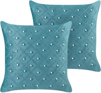 Beliani Conjunto De 2 Cojines De Terciopelo Verde Azulado Plateado 45 X 45 Cm Yarrow