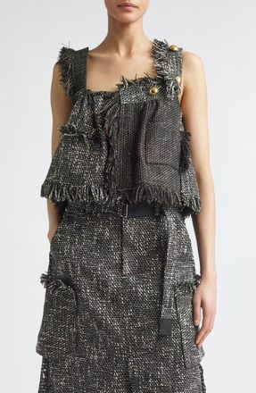 sacai Crop Mixed Tweed Camisole in Black at Nordstrom, Size 4