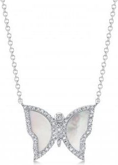 Allurez Diamond & Mother Of Pearl Butterfly Pendant Necklace 14K White Gold (0.99ct)
