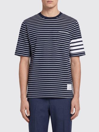 Thom Browne T-shirt in cotone a righe con taschino e bande 4-Bar