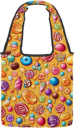Generic Yellow Candy Pattern Reversible Canvas Shoulder Tote - Double-Sided Print, 12oz Cotton, 27cm Drop, Fold-Flat Bag for Travel, Shopping, Street Outings